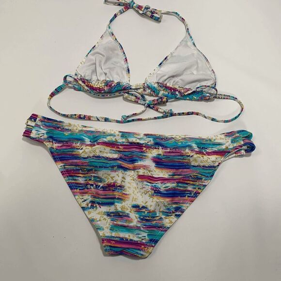 Women's Striped Two Piece Triangle Split Neck Swimsuit Multi-Color Size Large - Picture 4 of 5